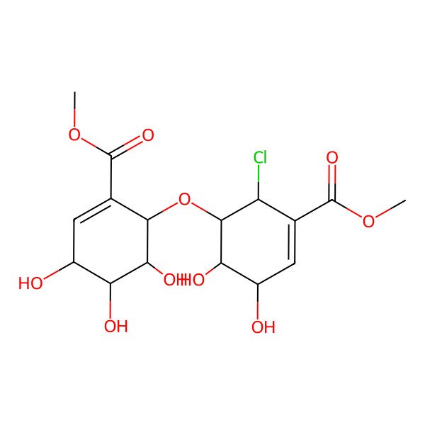 2D Structure of methyl (3S,4R,5S,6S)-6-[(1S,2S,5S,6R)-2-chloro-5,6-dihydroxy-3-methoxycarbonylcyclohex-3-en-1-yl]oxy-3,4,5-trihydroxycyclohexene-1-carboxylate