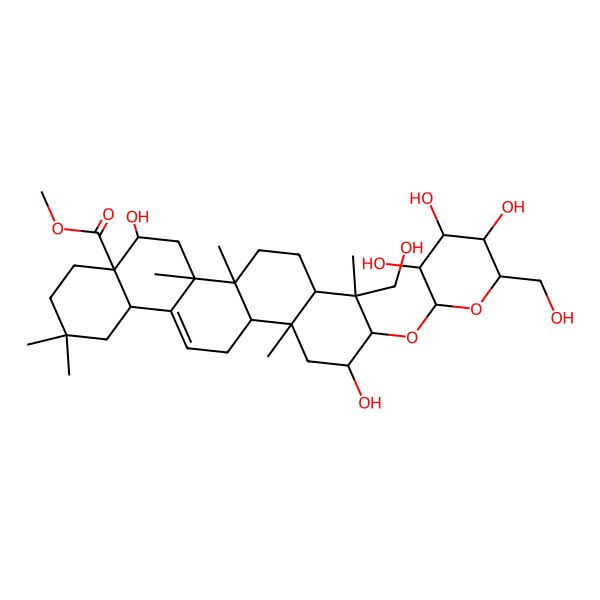 2D Structure of methyl (4aR,5R,6aR,6aS,6bR,8aR,9R,10R,11S,12aR,14bS)-5,11-dihydroxy-9-(hydroxymethyl)-2,2,6a,6b,9,12a-hexamethyl-10-[(2R,3R,4S,5S,6R)-3,4,5-trihydroxy-6-(hydroxymethyl)oxan-2-yl]oxy-1,3,4,5,6,6a,7,8,8a,10,11,12,13,14b-tetradecahydropicene-4a-carboxylate