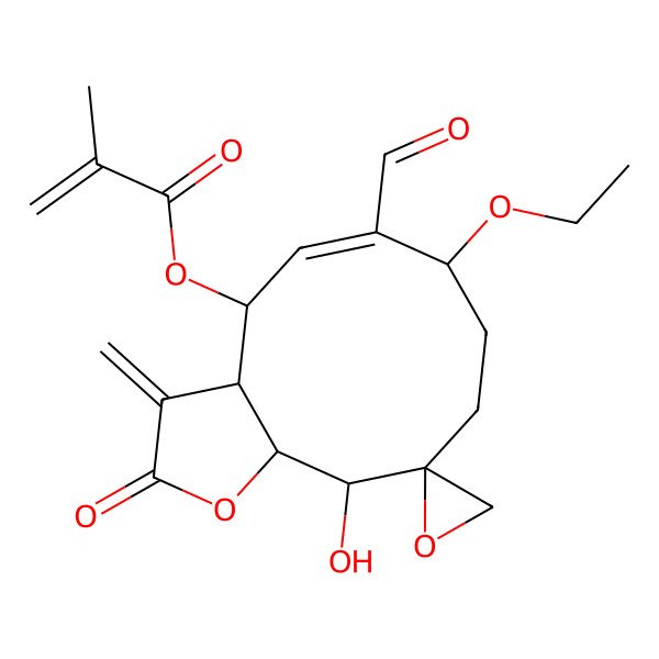2D Structure of [(3aR,4R,5Z,7R,10R,11R,11aS)-7-ethoxy-6-formyl-11-hydroxy-3-methylidene-2-oxospiro[4,7,8,9,11,11a-hexahydro-3aH-cyclodeca[b]furan-10,2'-oxirane]-4-yl] 2-methylprop-2-enoate