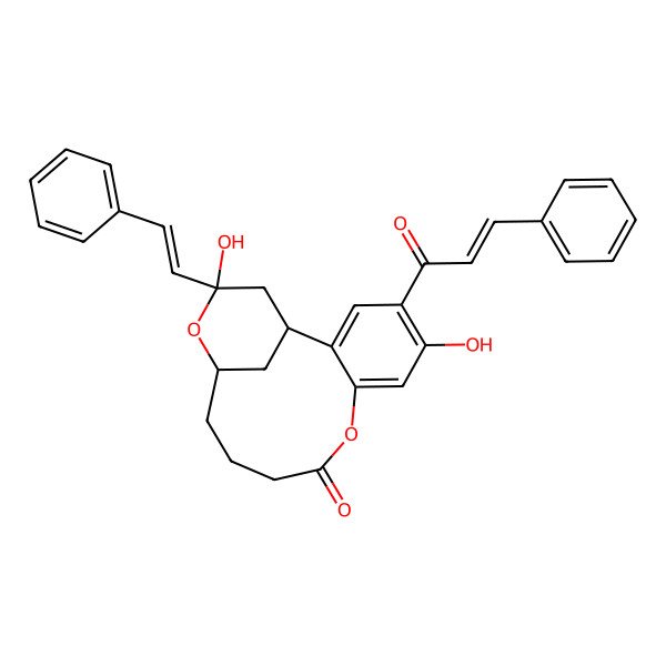 2D Structure of 5,15-Dihydroxy-15-(2-phenylethenyl)-4-(3-phenylprop-2-enoyl)-8,14-dioxatricyclo[11.3.1.02,7]heptadeca-2,4,6-trien-9-one
