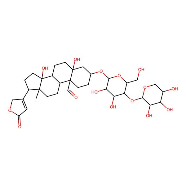 2D Structure of 3-[3,4-dihydroxy-6-(hydroxymethyl)-5-(3,4,5-trihydroxyoxan-2-yl)oxyoxan-2-yl]oxy-5,14-dihydroxy-13-methyl-17-(5-oxo-2H-furan-3-yl)-2,3,4,6,7,8,9,11,12,15,16,17-dodecahydro-1H-cyclopenta[a]phenanthrene-10-carbaldehyde