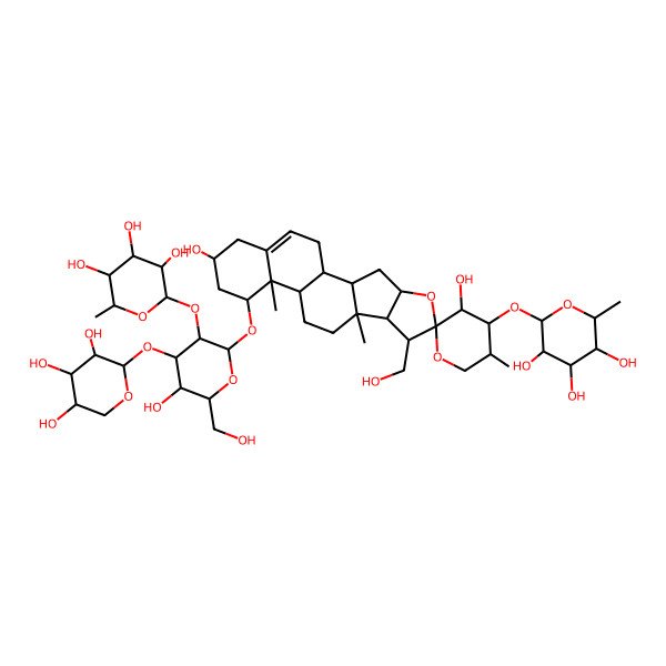 2D Structure of 2-[3',16-Dihydroxy-14-[5-hydroxy-6-(hydroxymethyl)-3-(3,4,5-trihydroxy-6-methyloxan-2-yl)oxy-4-(3,4,5-trihydroxyoxan-2-yl)oxyoxan-2-yl]oxy-7-(hydroxymethyl)-5',9,13-trimethylspiro[5-oxapentacyclo[10.8.0.02,9.04,8.013,18]icos-18-ene-6,2'-oxane]-4'-yl]oxy-6-methyloxane-3,4,5-triol