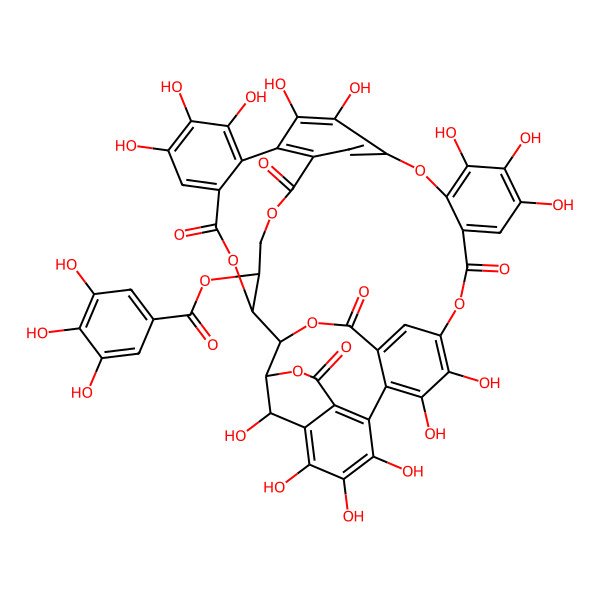 2D Structure of (8,9,10,13,14,20,21,22,26,27,30,31,32,47-Tetradecahydroxy-5,17,35,40,45-pentaoxo-4,16,24,36,39,46-hexaoxanonacyclo[23.11.6.42,15.13,7.06,11.018,23.028,41.029,34.012,44]heptatetraconta-6(11),7,9,12,14,18,20,22,25,27,29,31,33,41,43-pentadecaen-37-yl) 3,4,5-trihydroxybenzoate