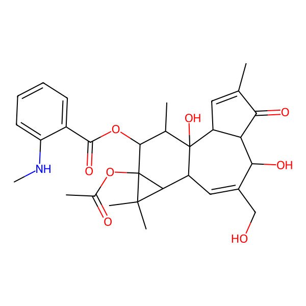 2D Structure of [13-Acetyloxy-1,7-dihydroxy-8-(hydroxymethyl)-4,12,12,15-tetramethyl-5-oxo-14-tetracyclo[8.5.0.02,6.011,13]pentadeca-3,8-dienyl] 2-(methylamino)benzoate