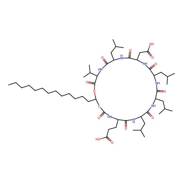 2D Structure of 3-[9-(Carboxymethyl)-6,12,15,18-tetrakis(2-methylpropyl)-2,5,8,11,14,17,20,23-octaoxo-3-propan-2-yl-25-tridecyl-1-oxa-4,7,10,13,16,19,22-heptazacyclopentacos-21-yl]propanoic acid