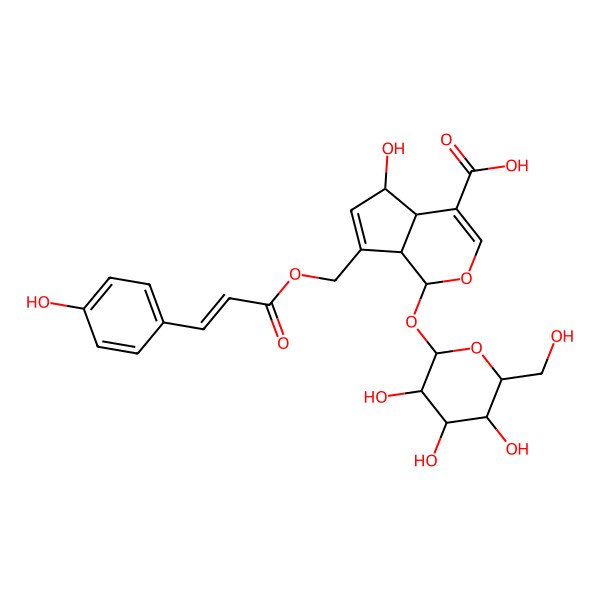 2D Structure of (1S,4aS,5R,7aS)-5-hydroxy-7-[[(Z)-3-(4-hydroxyphenyl)prop-2-enoyl]oxymethyl]-1-[(2S,3R,4S,5S,6R)-3,4,5-trihydroxy-6-(hydroxymethyl)oxan-2-yl]oxy-1,4a,5,7a-tetrahydrocyclopenta[c]pyran-4-carboxylic acid