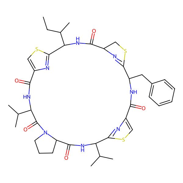 2D Structure of (2R,5R,9S,16S,19S,25S)-9-benzyl-2-[(2S)-butan-2-yl]-16,25-di(propan-2-yl)-7,14,30-trithia-3,10,17,23,26,31,32,33-octazapentacyclo[26.2.1.15,8.112,15.019,23]tritriaconta-1(31),8(33),12,15(32),28-pentaene-4,11,18,24,27-pentone