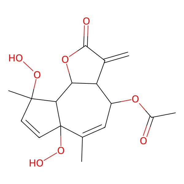 2D Structure of [(3aR,4S,6aS,9S,9aS,9bS)-6a,9-dihydroperoxy-6,9-dimethyl-3-methylidene-2-oxo-3a,4,9a,9b-tetrahydroazuleno[4,5-b]furan-4-yl] acetate
