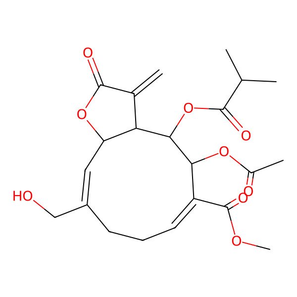 2D Structure of methyl (3aS,4S,5S,6E,10E,11aR)-5-acetyloxy-10-(hydroxymethyl)-3-methylidene-4-(2-methylpropanoyloxy)-2-oxo-3a,4,5,8,9,11a-hexahydrocyclodeca[b]furan-6-carboxylate