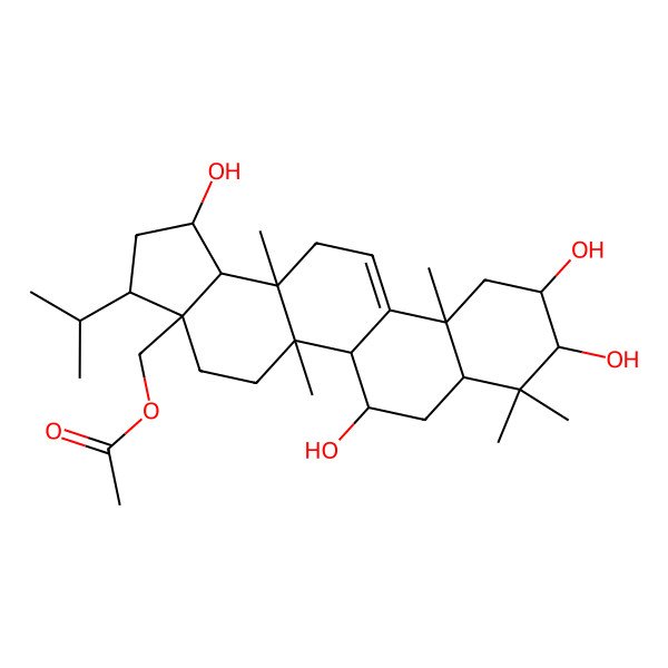 2D Structure of (1,6,9,10-Tetrahydroxy-5a,8,8,11a,13a-pentamethyl-3-propan-2-yl-1,2,3,4,5,5b,6,7,7a,9,10,11,13,13b-tetradecahydrocyclopenta[a]chrysen-3a-yl)methyl acetate