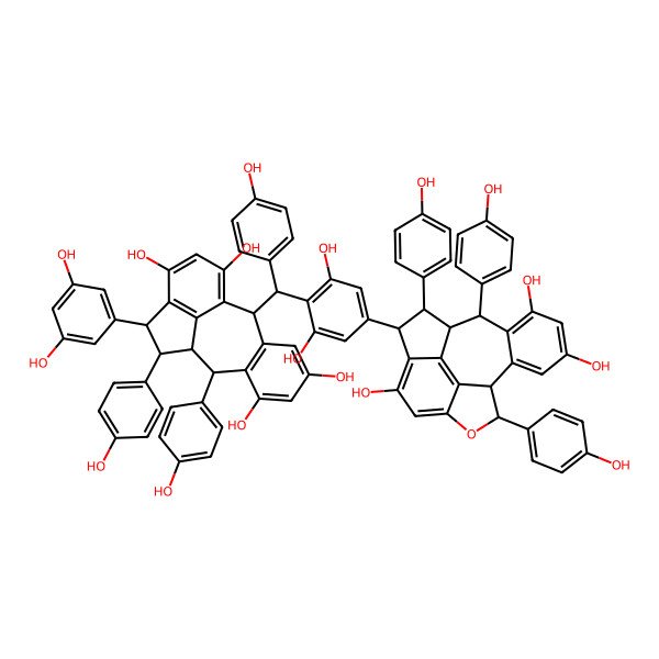 2D Structure of 12-(3,5-Dihydroxyphenyl)-2-[[2,6-dihydroxy-4-[5,13,15-trihydroxy-2,9,17-tris(4-hydroxyphenyl)-8-oxapentacyclo[8.7.2.04,18.07,19.011,16]nonadeca-4(18),5,7(19),11(16),12,14-hexaen-3-yl]phenyl]-(4-hydroxyphenyl)methyl]-9,11-bis(4-hydroxyphenyl)tetracyclo[8.6.1.03,8.013,17]heptadeca-1(16),3(8),4,6,13(17),14-hexaene-5,7,14,16-tetrol