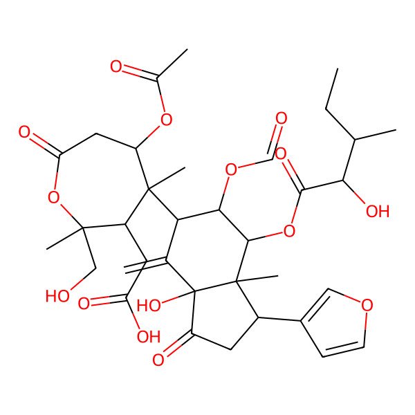 2D Structure of 2-[(2S,3R,4R,5R)-4-[(1S,3aS,5R,6R,7R,7aR)-6-formyloxy-1-(furan-3-yl)-3a-hydroxy-7-[(2S,3S)-2-hydroxy-3-methylpentanoyl]oxy-7a-methyl-4-methylidene-3-oxo-2,5,6,7-tetrahydro-1H-inden-5-yl]-5-acetyloxy-2-(hydroxymethyl)-2,4-dimethyl-7-oxooxepan-3-yl]acetic acid