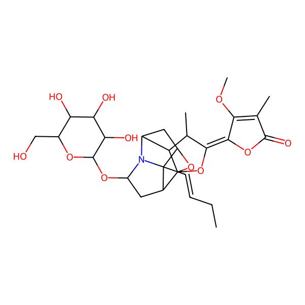 2D Structure of (5Z)-5-[(1S,4S,5S,6R,8S,9R,11R,13R)-9-[(E)-but-1-enyl]-4-methyl-11-[(2S,3R,4S,5S,6R)-3,4,5-trihydroxy-6-(hydroxymethyl)oxan-2-yl]oxy-2,14-dioxa-10-azapentacyclo[6.5.1.01,5.06,10.09,13]tetradecan-3-ylidene]-4-methoxy-3-methylfuran-2-one