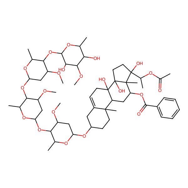 2D Structure of [(3S,8S,9R,10R,12R,13R,14R,17S)-17-[(1S)-1-acetyloxyethyl]-3-[(2R,4S,5R,6R)-5-[(2S,4S,5R,6R)-5-[(2S,4S,5R,6R)-5-[(2S,3R,4S,5R,6R)-3,5-dihydroxy-4-methoxy-6-methyloxan-2-yl]oxy-4-methoxy-6-methyloxan-2-yl]oxy-4-methoxy-6-methyloxan-2-yl]oxy-4-methoxy-6-methyloxan-2-yl]oxy-8,14,17-trihydroxy-10,13-dimethyl-1,2,3,4,7,9,11,12,15,16-decahydrocyclopenta[a]phenanthren-12-yl] benzoate