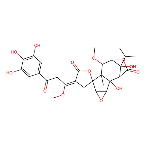 2D Structure of 2,12-Dihydroxy-8-methoxy-3'-[1-methoxy-3-oxo-3-(3,4,5-trihydroxyphenyl)propylidene]-7-methyl-12-propan-2-ylspiro[4,10-dioxatetracyclo[7.2.1.02,7.03,5]dodecane-6,5'-oxolane]-2',11-dione