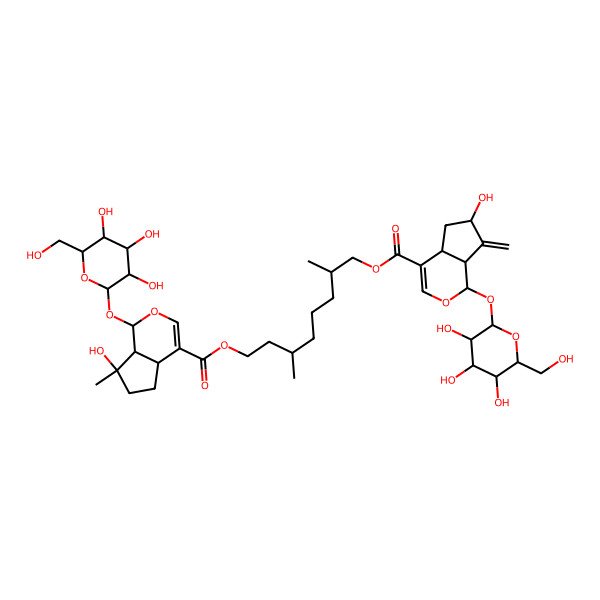 2D Structure of [8-[7-hydroxy-7-methyl-1-[3,4,5-trihydroxy-6-(hydroxymethyl)oxan-2-yl]oxy-4a,5,6,7a-tetrahydro-1H-cyclopenta[c]pyran-4-carbonyl]oxy-2,6-dimethyloctyl] 6-hydroxy-7-methylidene-1-[3,4,5-trihydroxy-6-(hydroxymethyl)oxan-2-yl]oxy-4a,5,6,7a-tetrahydro-1H-cyclopenta[c]pyran-4-carboxylate