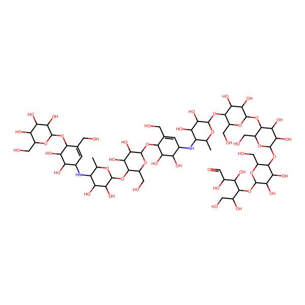 2D Structure of 4-[5-[5-[5-[5-[[4-[5-[5-[[5,6-Dihydroxy-3-(hydroxymethyl)-4-[3,4,5-trihydroxy-6-(hydroxymethyl)oxan-2-yl]oxycyclohex-2-en-1-yl]amino]-3,4-dihydroxy-6-methyloxan-2-yl]oxy-3,4-dihydroxy-6-(hydroxymethyl)oxan-2-yl]oxy-5,6-dihydroxy-3-(hydroxymethyl)cyclohex-2-en-1-yl]amino]-3,4-dihydroxy-6-methyloxan-2-yl]oxy-3,4-dihydroxy-6-(hydroxymethyl)oxan-2-yl]oxy-3,4-dihydroxy-6-(hydroxymethyl)oxan-2-yl]oxy-3,4-dihydroxy-6-(hydroxymethyl)oxan-2-yl]oxy-2,3,5,6-tetrahydroxyhexanal