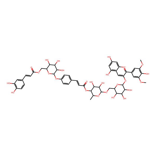 2D Structure of [(2S,3R,4S,5S,6R)-6-[[(2R,3R,4S,5R,6S)-6-[5,7-dihydroxy-2-(4-hydroxy-3,5-dimethoxyphenyl)chromenylium-3-yl]oxy-3,4,5-trihydroxyoxan-2-yl]methoxy]-4,5-dihydroxy-2-methyloxan-3-yl] (E)-3-[4-[(2S,3R,4S,6R)-6-[3-(3,4-dihydroxyphenyl)prop-2-enoyloxymethyl]-3,4,5-trihydroxyoxan-2-yl]oxyphenyl]prop-2-enoate