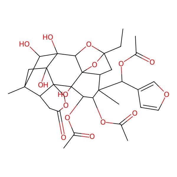 2D Structure of [10-Acetyloxy-8-[acetyloxy(furan-3-yl)methyl]-5-ethyl-1,11,20,21-tetrahydroxy-8,18-dimethyl-15-oxo-4,14,22-trioxaheptacyclo[16.2.1.12,5.03,7.03,11.012,17.012,20]docosan-9-yl] acetate