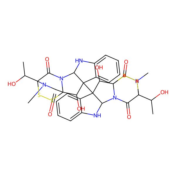 2D Structure of (1S,2S,3R,11R,14S)-2-hydroxy-14-[(1S)-1-hydroxyethyl]-3-[(1S,2S,3S,11R,14S)-2-hydroxy-14-[(1S)-1-hydroxyethyl]-18-methyl-13,17-dioxo-15,16-dithia-10,12,18-triazapentacyclo[12.2.2.01,12.03,11.04,9]octadeca-4,6,8-trien-3-yl]-18-methyl-15,16-dithia-10,12,18-triazapentacyclo[12.2.2.01,12.03,11.04,9]octadeca-4,6,8-triene-13,17-dione