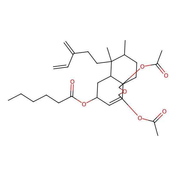 2D Structure of [(1S,3R,5S,6aS,7R,8R,10aS)-1,3-diacetyloxy-7,8-dimethyl-7-(3-methylidenepent-4-enyl)-1,3,5,6,6a,8,9,10-octahydrobenzo[d][2]benzofuran-5-yl] hexanoate