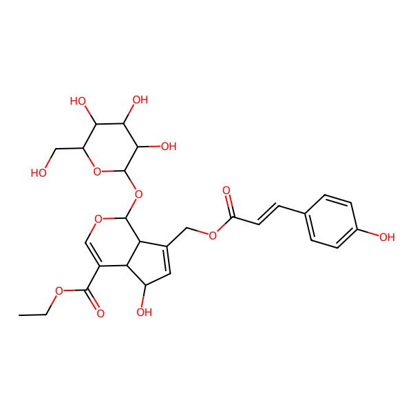 2D Structure of ethyl (1S,4aS,5S,7aS)-5-hydroxy-7-[[(E)-3-(4-hydroxyphenyl)prop-2-enoyl]oxymethyl]-1-[(2S,3R,4S,5S,6R)-3,4,5-trihydroxy-6-(hydroxymethyl)oxan-2-yl]oxy-1,4a,5,7a-tetrahydrocyclopenta[c]pyran-4-carboxylate