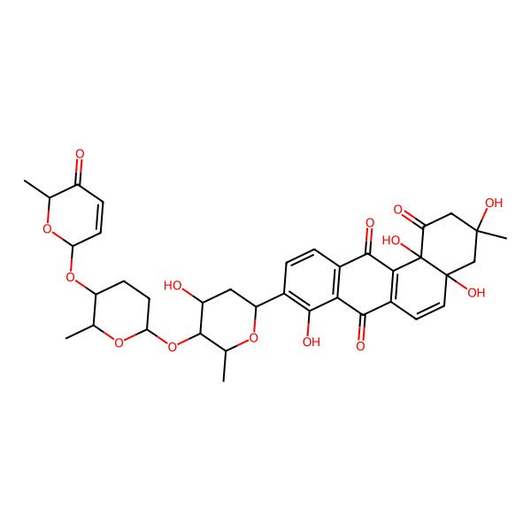 2D Structure of (3R,4aR,12bS)-3,4a,8,12b-tetrahydroxy-9-[(2R,4R,5S,6R)-4-hydroxy-6-methyl-5-[(2S,5S,6S)-6-methyl-5-[[(2R,6S)-6-methyl-5-oxo-2H-pyran-2-yl]oxy]oxan-2-yl]oxyoxan-2-yl]-3-methyl-2,4-dihydrobenzo[a]anthracene-1,7,12-trione