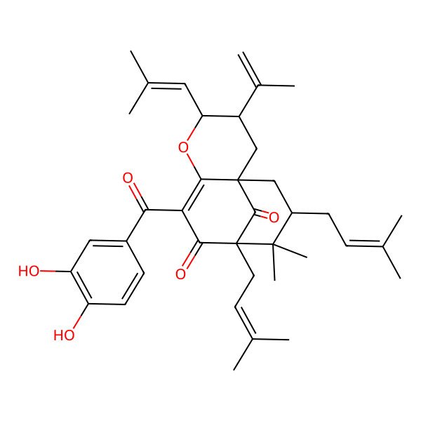 2D Structure of 7-(3,4-Dihydroxybenzoyl)-10,10-dimethyl-9,11-bis(3-methylbut-2-enyl)-4-(2-methylprop-1-enyl)-3-prop-1-en-2-yl-5-oxatricyclo[7.3.1.01,6]tridec-6-ene-8,13-dione