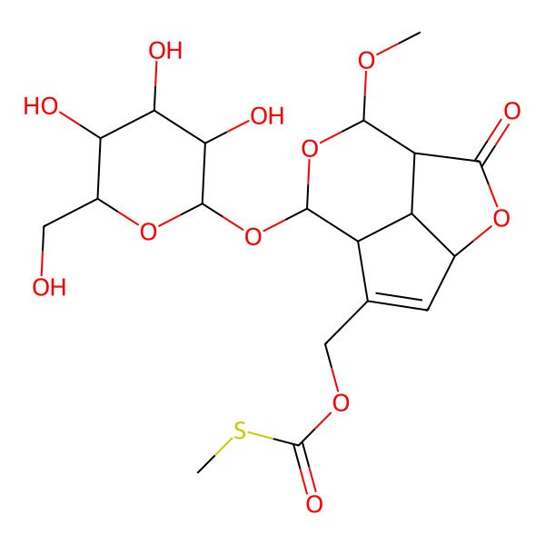 2D Structure of [10-Methoxy-2-oxo-8-[3,4,5-trihydroxy-6-(hydroxymethyl)oxan-2-yl]oxy-3,9-dioxatricyclo[5.3.1.04,11]undec-5-en-6-yl]methyl methylsulfanylformate