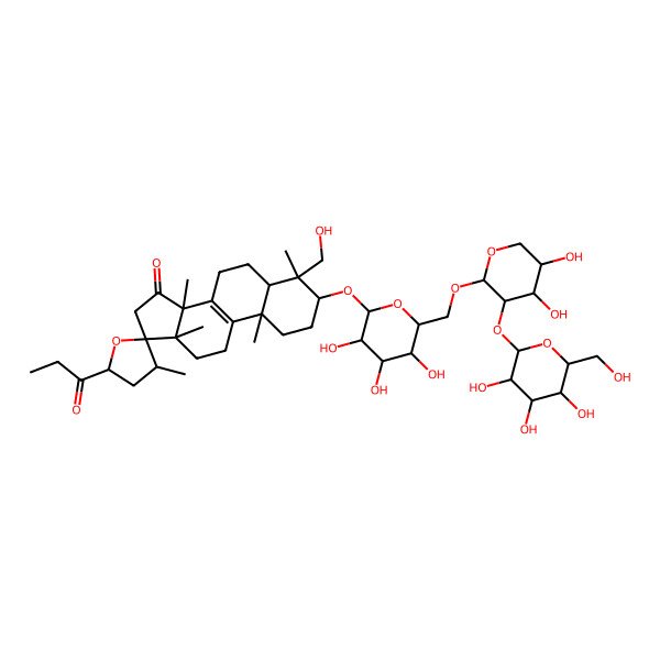 2D Structure of (3S,3'R,4S,5R,5'S,10S,13S,14S,17S)-3-[(2R,3R,4S,5S,6R)-6-[[(2S,3R,4S,5S)-4,5-dihydroxy-3-[(2S,3R,4S,5S,6R)-3,4,5-trihydroxy-6-(hydroxymethyl)oxan-2-yl]oxyoxan-2-yl]oxymethyl]-3,4,5-trihydroxyoxan-2-yl]oxy-4-(hydroxymethyl)-3',4,10,13,14-pentamethyl-5'-propanoylspiro[2,3,5,6,7,11,12,16-octahydro-1H-cyclopenta[a]phenanthrene-17,2'-oxolane]-15-one