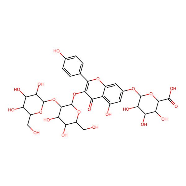 2D Structure of (2R,3S,4S,5R,6S)-6-[3-[(2S,3R,4S,5S,6R)-4,5-dihydroxy-6-(hydroxymethyl)-3-[(2S,3R,4S,5S,6R)-3,4,5-trihydroxy-6-(hydroxymethyl)oxan-2-yl]oxyoxan-2-yl]oxy-5-hydroxy-2-(4-hydroxyphenyl)-4-oxochromen-7-yl]oxy-3,4,5-trihydroxyoxane-2-carboxylic acid