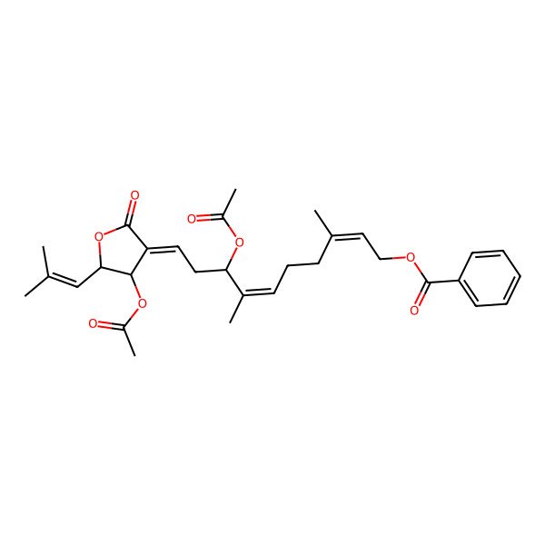 2D Structure of [8-Acetyloxy-10-[4-acetyloxy-5-(2-methylprop-1-enyl)-2-oxooxolan-3-ylidene]-3,7-dimethyldeca-2,6-dienyl] benzoate