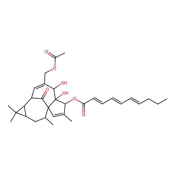 2D Structure of [(1R,4R,5R,6S,9R,10S,12S,14S)-7-(acetyloxymethyl)-5,6-dihydroxy-3,11,11,14-tetramethyl-15-oxo-4-tetracyclo[7.5.1.01,5.010,12]pentadeca-2,7-dienyl] (2E,4Z,6E)-deca-2,4,6-trienoate