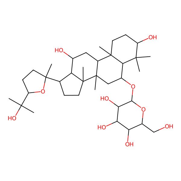 2D Structure of 2-[[3,12-dihydroxy-17-[5-(2-hydroxypropan-2-yl)-2-methyloxolan-2-yl]-4,4,8,10,14-pentamethyl-2,3,5,6,7,9,11,12,13,15,16,17-dodecahydro-1H-cyclopenta[a]phenanthren-6-yl]oxy]-6-(hydroxymethyl)oxane-3,4,5-triol