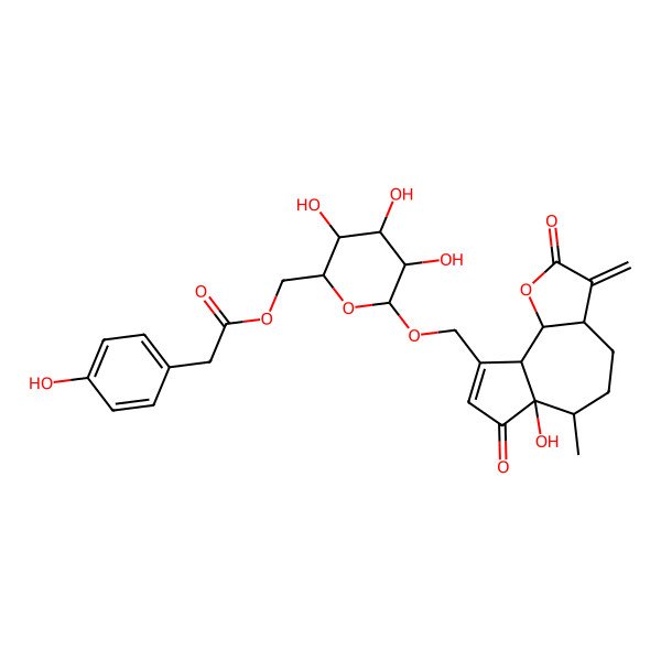 2D Structure of [6-[(6a-Hydroxy-6-methyl-3-methylidene-2,7-dioxo-3a,4,5,6,9a,9b-hexahydroazuleno[8,7-b]furan-9-yl)methoxy]-3,4,5-trihydroxyoxan-2-yl]methyl 2-(4-hydroxyphenyl)acetate