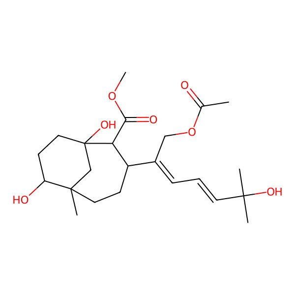2D Structure of methyl (1R,2R,3S,6S,7R)-3-(1-acetyloxy-6-hydroxy-6-methylhepta-2,4-dien-2-yl)-1,7-dihydroxy-6-methylbicyclo[4.3.1]decane-2-carboxylate