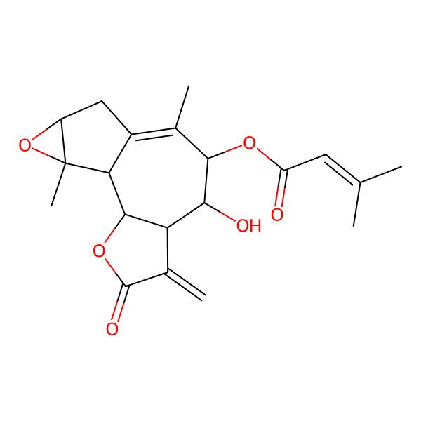 2D Structure of (7-Hydroxy-9,14-dimethyl-5-methylidene-4-oxo-3,13-dioxatetracyclo[8.4.0.02,6.012,14]tetradec-9-en-8-yl) 3-methylbut-2-enoate