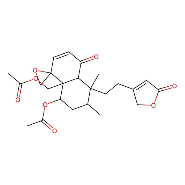 2D Structure of [4-acetyloxy-1,2-dimethyl-8-oxo-1-[2-(5-oxo-2H-furan-3-yl)ethyl]spiro[2,3,4,8a-tetrahydronaphthalene-5,2'-oxirane]-4a-yl]methyl acetate