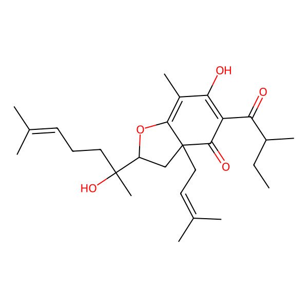 2D Structure of (2S,3aS)-6-hydroxy-2-[(2R)-2-hydroxy-6-methylhept-5-en-2-yl]-7-methyl-5-[(2R)-2-methylbutanoyl]-3a-(3-methylbut-2-enyl)-2,3-dihydro-1-benzofuran-4-one
