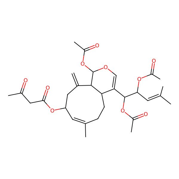 2D Structure of [(1R,4aS,7E,9R,11aR)-1-acetyloxy-4-[(1S,2S)-1,2-diacetyloxy-4-methylpent-3-enyl]-7-methyl-11-methylidene-4a,5,6,9,10,11a-hexahydro-1H-cyclonona[c]pyran-9-yl] 3-oxobutanoate