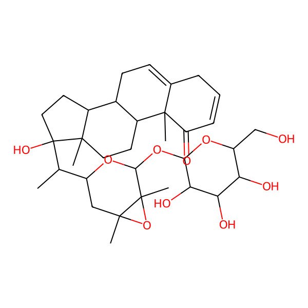 2D Structure of (8S,9S,10R,13S,14S,17S)-17-[(1R)-1-[(1R,2R,4R,6S)-1,6-dimethyl-2-[(2S,3R,4S,5S,6R)-3,4,5-trihydroxy-6-(hydroxymethyl)oxan-2-yl]oxy-3,7-dioxabicyclo[4.1.0]heptan-4-yl]ethyl]-17-hydroxy-10,13-dimethyl-7,8,9,11,12,14,15,16-octahydro-4H-cyclopenta[a]phenanthren-1-one