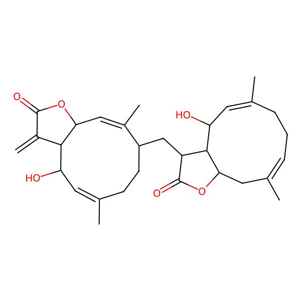 2D Structure of 4-hydroxy-9-[(4-hydroxy-6,10-dimethyl-2-oxo-3a,4,7,8,11,11a-hexahydro-3H-cyclodeca[b]furan-3-yl)methyl]-6,10-dimethyl-3-methylidene-3a,4,7,8,9,11a-hexahydrocyclodeca[b]furan-2-one