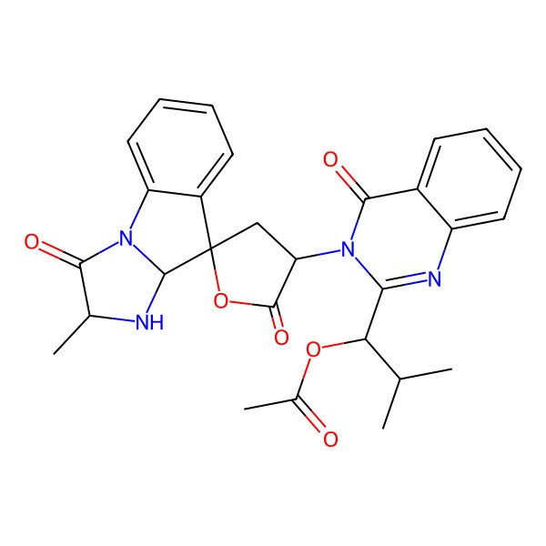 2D Structure of [(1R)-1-[3-[(2S,3'R,3aR,4R)-2-methyl-1,2'-dioxospiro[3,3a-dihydro-2H-imidazo[1,2-a]indole-4,5'-oxolane]-3'-yl]-4-oxoquinazolin-2-yl]-2-methylpropyl] acetate