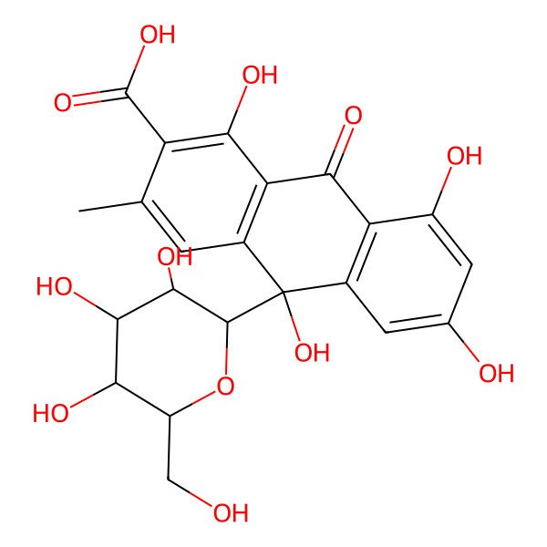 2D Structure of (10R)-1,6,8,10-tetrahydroxy-3-methyl-9-oxo-10-[(2R,3R,4S,5S,6R)-3,4,5-trihydroxy-6-(hydroxymethyl)oxan-2-yl]anthracene-2-carboxylic acid