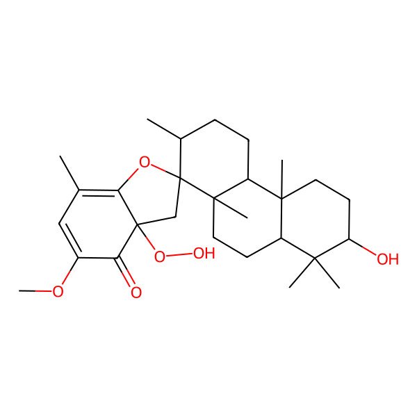 2D Structure of 3'a-hydroperoxy-7-hydroxy-5'-methoxy-2,4b,7',8,8,10a-hexamethylspiro[2,3,4,4a,5,6,7,8a,9,10-decahydrophenanthrene-1,2'-3H-1-benzofuran]-4'-one