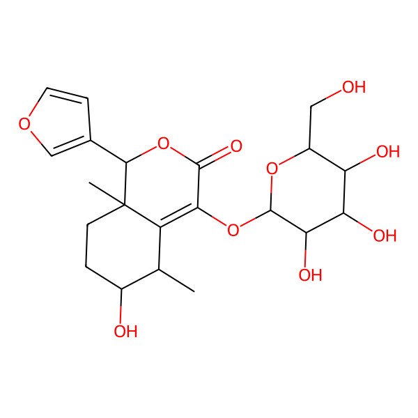 2D Structure of (1R,5S,6S,8aR)-1-(furan-3-yl)-6-hydroxy-5,8a-dimethyl-4-[(2S,3R,4S,5S,6R)-3,4,5-trihydroxy-6-(hydroxymethyl)oxan-2-yl]oxy-5,6,7,8-tetrahydro-1H-isochromen-3-one