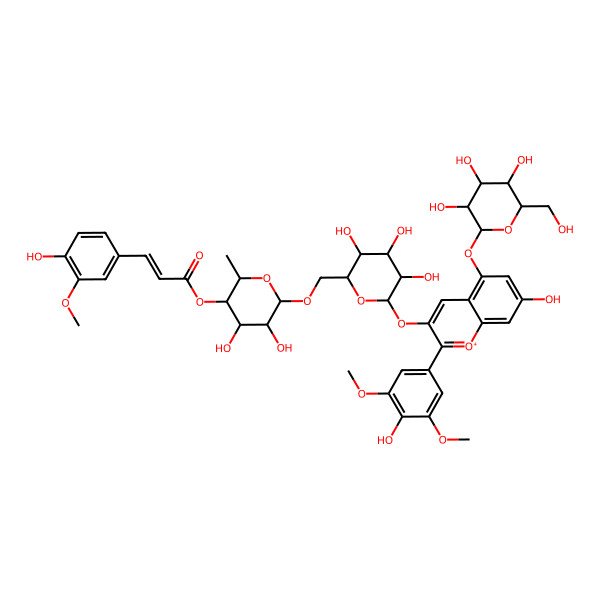 2D Structure of [(2S,3R,4S,5S,6R)-4,5-dihydroxy-2-methyl-6-[[(2R,3R,4R,5R,6S)-3,4,5-trihydroxy-6-[7-hydroxy-2-(4-hydroxy-3,5-dimethoxyphenyl)-5-[(2S,3R,4S,5R,6R)-3,4,5-trihydroxy-6-(hydroxymethyl)oxan-2-yl]oxychromenylium-3-yl]oxyoxan-2-yl]methoxy]oxan-3-yl] 3-(4-hydroxy-3-methoxyphenyl)prop-2-enoate