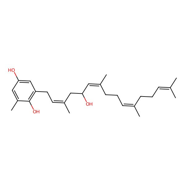 2D Structure of 2-[(2E,5R,6E,10E)-5-hydroxy-3,7,11,15-tetramethylhexadeca-2,6,10,14-tetraenyl]-6-methylbenzene-1,4-diol