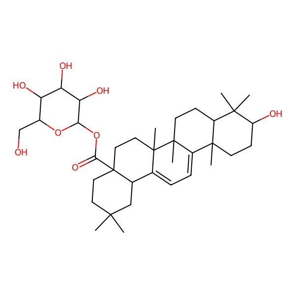 2D Structure of [(2S,3R,4S,5S,6R)-3,4,5-trihydroxy-6-(hydroxymethyl)oxan-2-yl] (4aS,6aR,6bS,8aR,10S,12aS,14bS)-10-hydroxy-2,2,6a,6b,9,9,12a-heptamethyl-1,3,4,5,6,7,8,8a,10,11,12,14b-dodecahydropicene-4a-carboxylate
