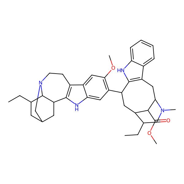 2D Structure of methyl (1R,12S,14R,15S)-15-ethyl-12-[(1R,15R,17S,18S)-17-ethyl-7-methoxy-3,13-diazapentacyclo[13.3.1.02,10.04,9.013,18]nonadeca-2(10),4,6,8-tetraen-6-yl]-17-methyl-10,17-diazatetracyclo[12.3.1.03,11.04,9]octadeca-3(11),4,6,8-tetraene-18-carboxylate